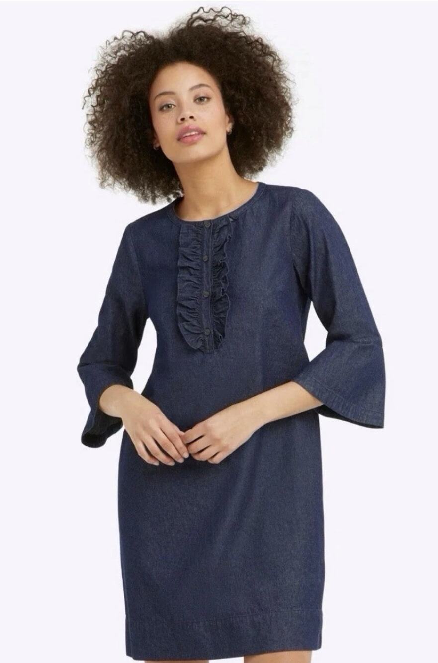Draper James Chambray Ruffle Shift Dress Blue Cotton Size 16